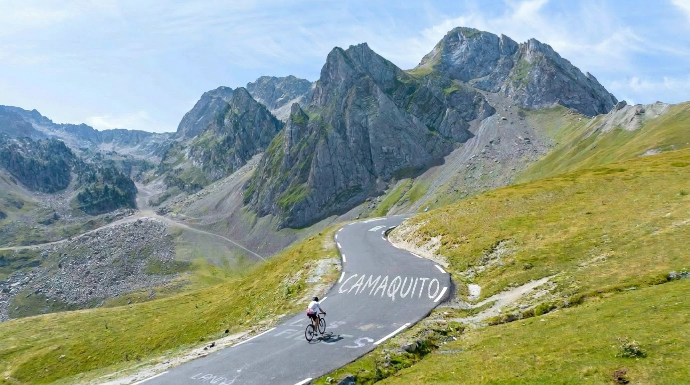 Rennradfahrer auf einem Pyrenäenpass im Morgenlicht